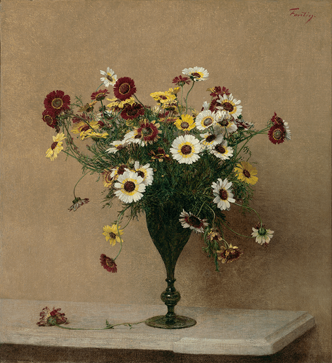 Flower study of varied colored daisies in vase on mantelpiece, tan background.