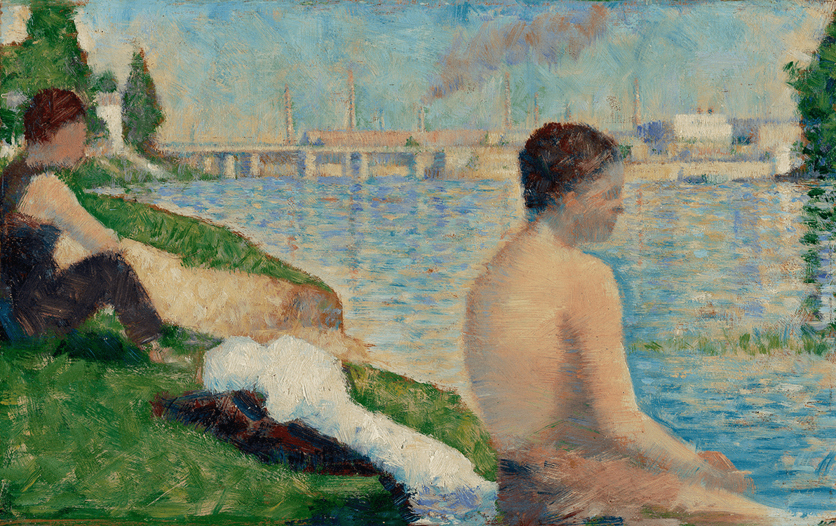 Group of boys bathing on the banks of the Seine, bridge and factories in background.