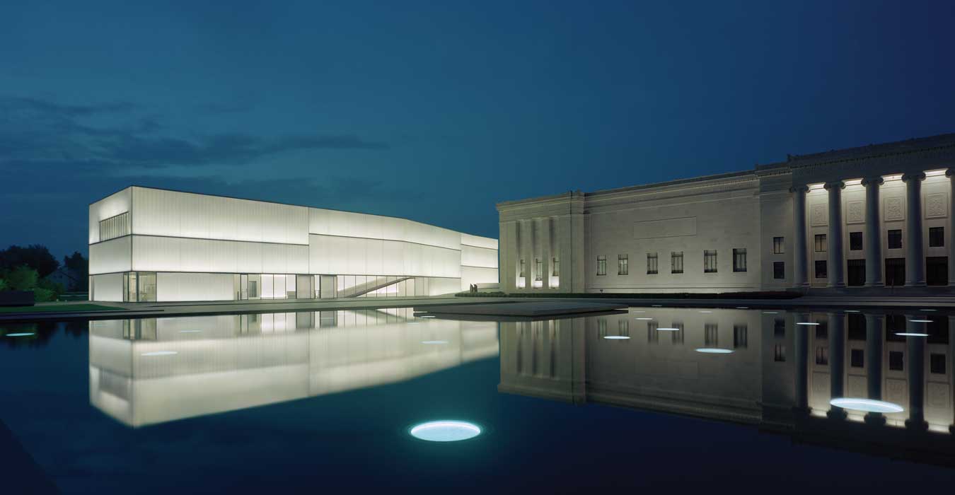 The Bloch Building and Nelson-Atkins Building at night