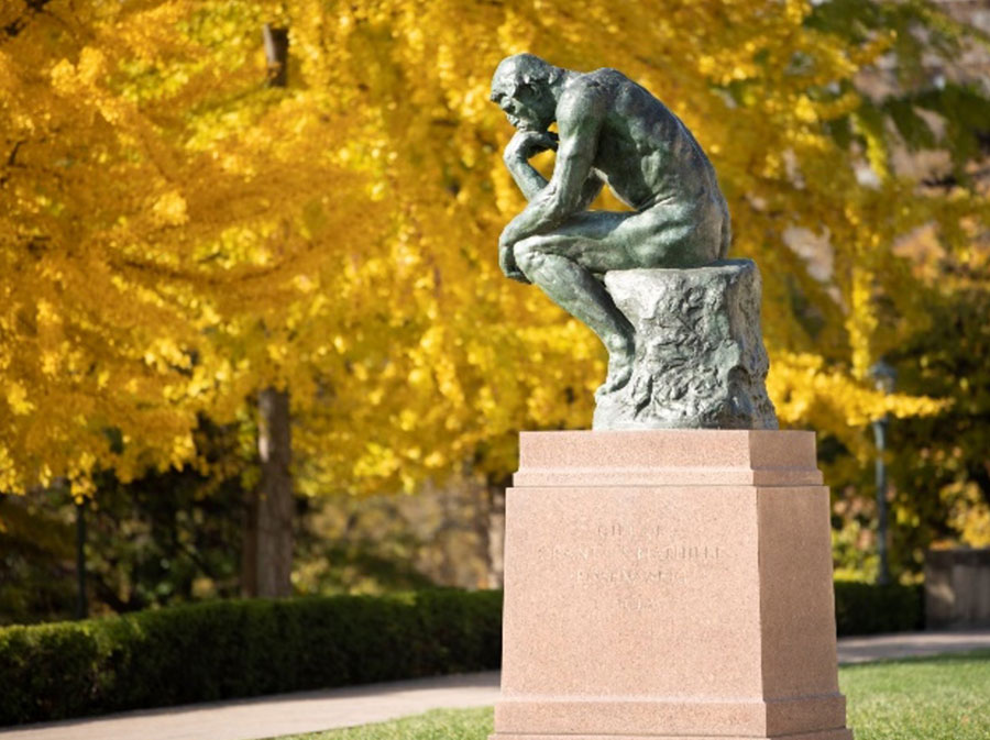 The Thinker resting in Donald J Hall Sculpture Park