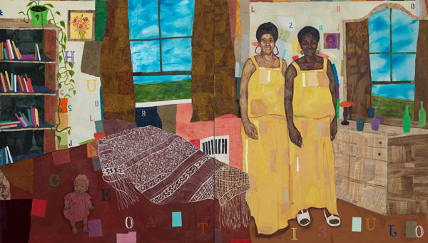 Khalif Tahir Thompson (American, b. 1995). Summertime, 2022. Oil on canvas, handmade paper, papyrus, velvet, raw silk, fabric, newsprint, acrylic and mixed media, 89 × 155 1/8 × 2 inches (226.06 × 394 × 5.08 cm). The Nelson-Atkins Museum of Art, Kansas City, Missouri. Promised gift of Bill and Christy Gautreaux Collection, 3.2023.1,2. Photo: Gabe Hopkins and Dana Anderson.