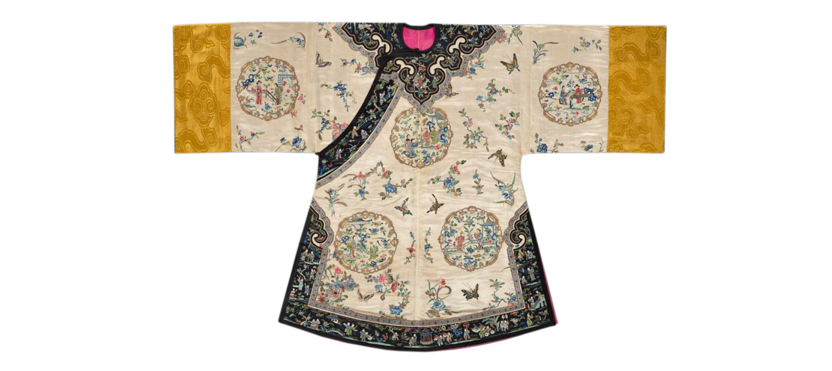 Lady’s Coat Embroidered with Theater Images, China, mid-19th century, Qing Dynasty (1644–1911). Embroidered satin, 42 inches (106.68 cm). The Nelson-Atkins Museum of Art, Kansas City, Missouri. Gift of Adela Van Horn, 45-34.