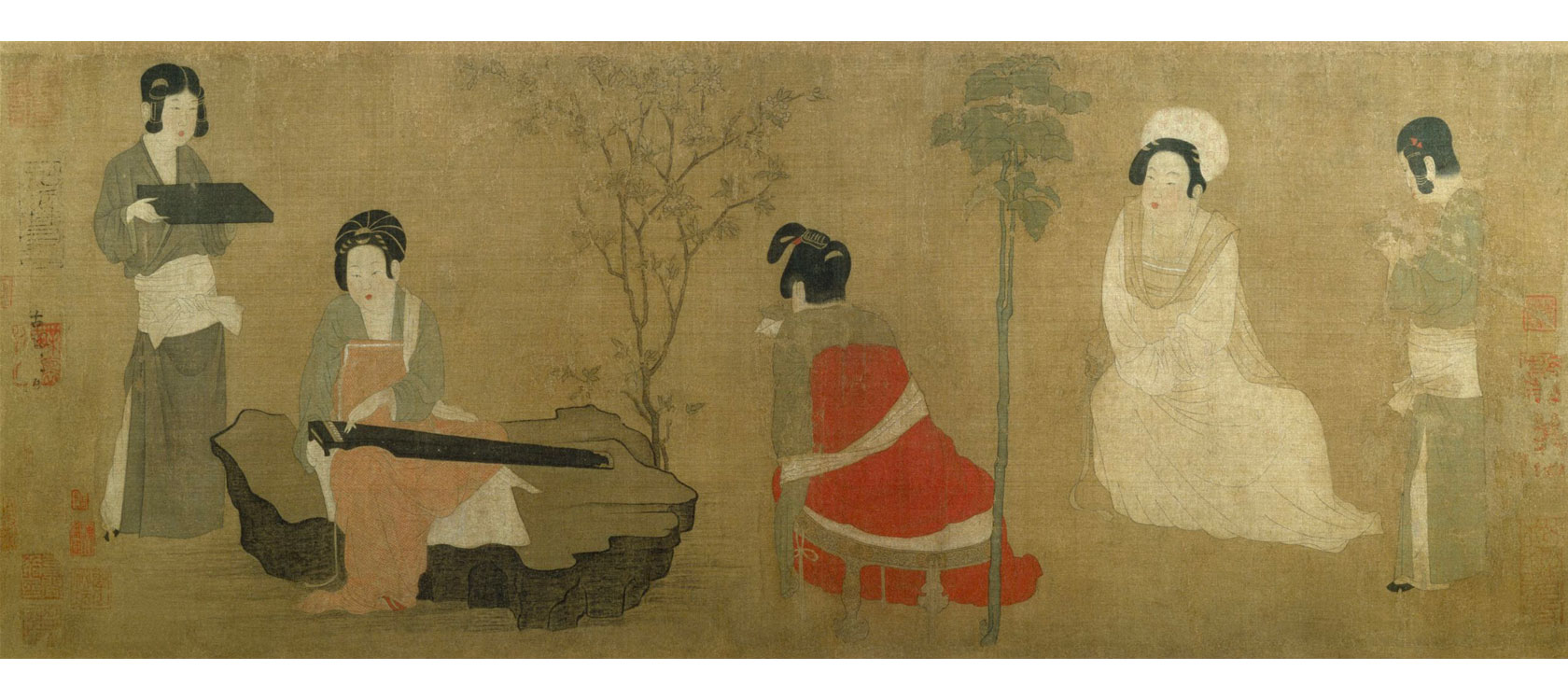 Zhou Fang, Chinese (730 - 800 C.E.). Palace Ladies Tuning the Lute, Song Dynasty (960-1279), 12th century. Handscroll; ink and color on silk, 11 x 29 5/8 inches (28 x 75.3 cm). The Nelson-Atkins Museum of Art, Kansas City, Missouri. Purchase: William Rockhill Nelson Trust, 32-159/1.