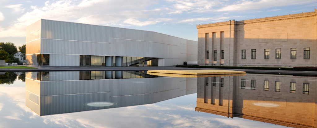 View of The Nelson-Atkins Museum of Art with reflecting pool in the foreground